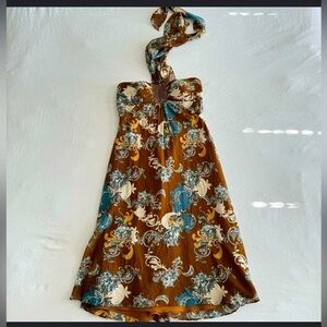 Y2K Boho Max & Cleo Brown and Gold Halter Silk Sundress paisley